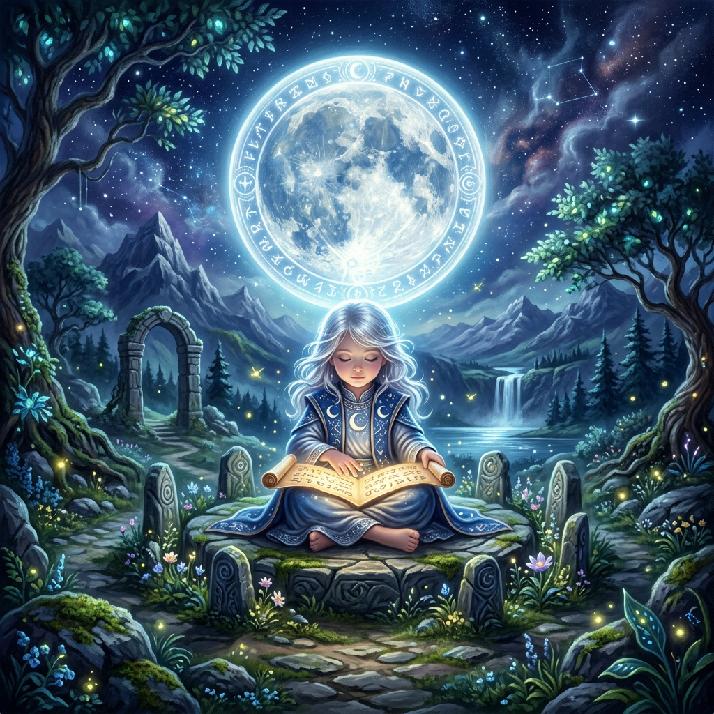 Child reading magical scroll with glowing moon and forest scenery