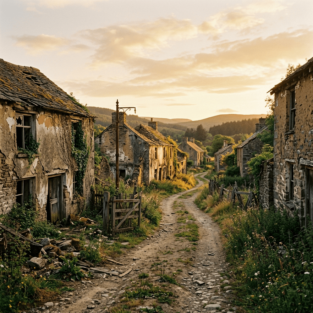Dirt road through abandoned village with old stone houses and vegetation